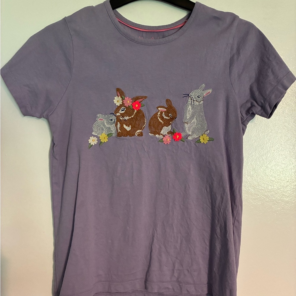 Mini Boden Lavender Tee with Embroidered Bunnies and Floral Detail
